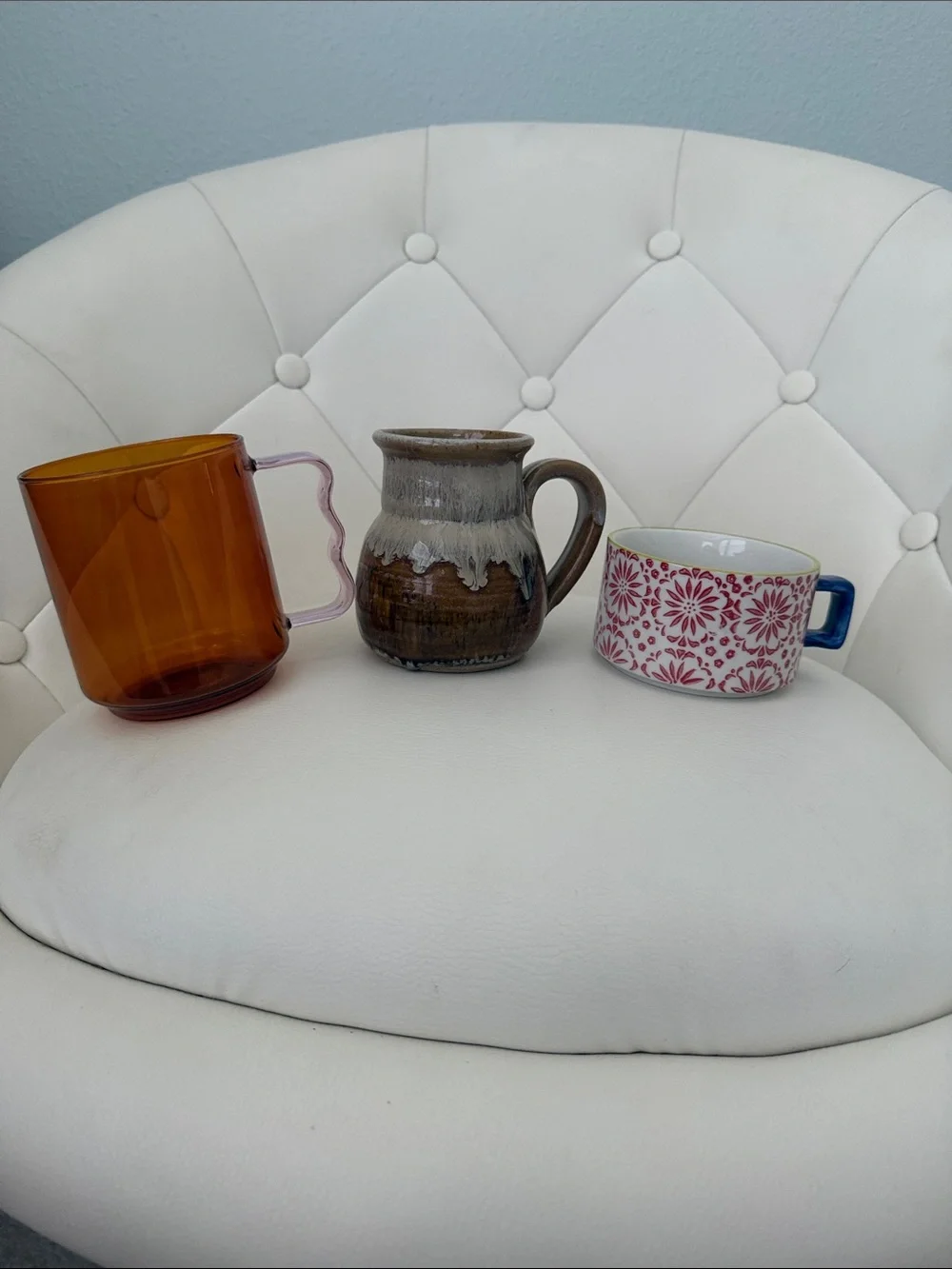 Amber Glass Mug with pink Curved Handle Bundle of 3 Boho Decor cups